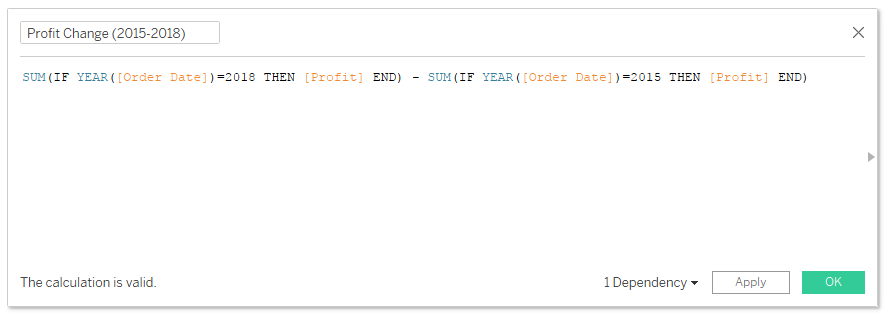 The Profit Change calculated field editor in Tableau
