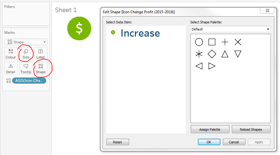 Switching the Marks card to Shape and assigning icons in Tableau